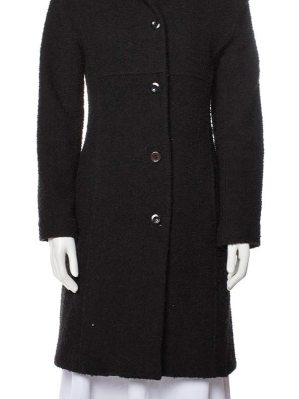 Halston Long Black Boucle Coat — Textured Wool Blend, Classic Button Front